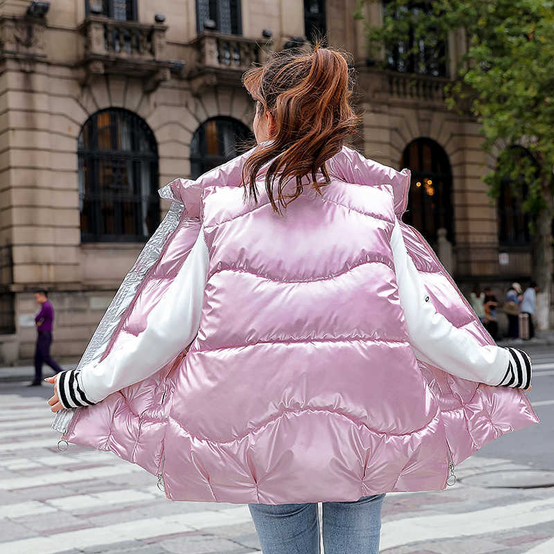 Women's Shiny Autumn Winter Puffer Vest Solid Casual Ladies Sleeveless Jacket Zipper Stand Collar Waistcoat for Female 210819