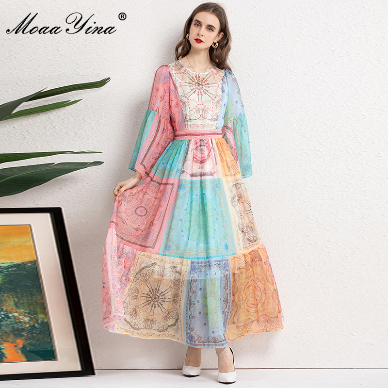 Women's Summer Retro Vacation Dresses Loose Long sleeve Colorblock printing High waist Chiffon Maxi Dress 210524