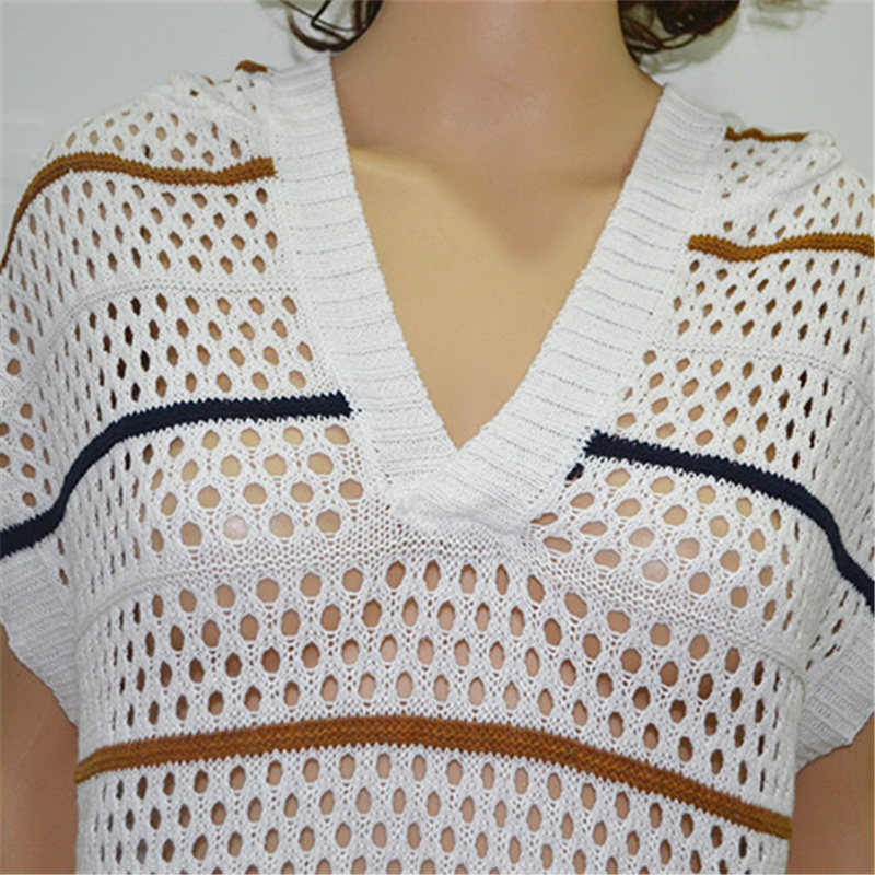 Striped Sexy Beach Cover up Crochet Hoodie Bikini Dress Ladies Bathing Suit ups Tunic Saida de Praia #Q426 210420