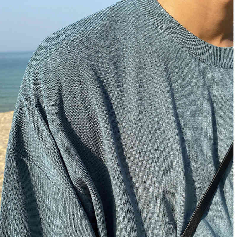 IEFB Summer Korean Loose Men's Round Neck Knitted Short Sleeve Off Shoulder Casual T-Shirt Vintage Green Tee Top 9Y7189 210524