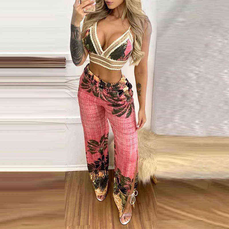Summer Women Sexy Two Piece Holiday Wear V Neck Sleeveless Tropical Print Lace Trim Crop Top & Slit Casual Long Pants Set 211105
