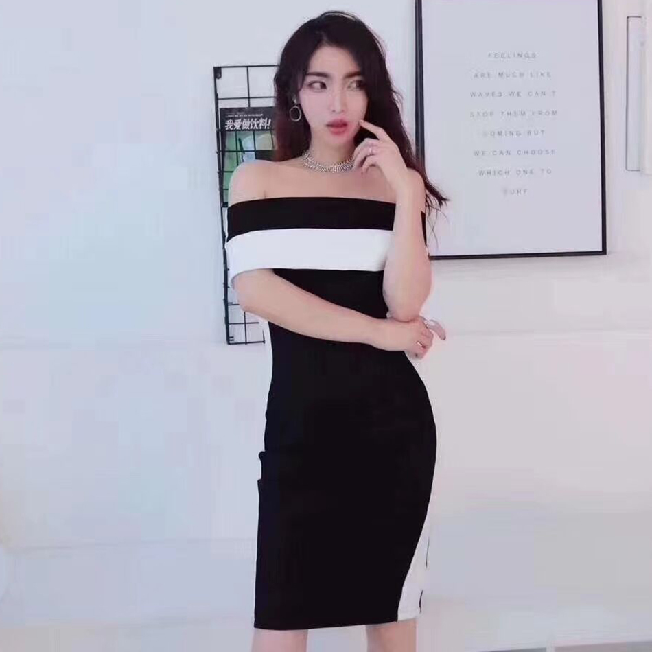 Free Summer Women Black and White Color Block Dress Sexy One-shoulder Bodycon Knee-length Club Party Vestido 210524