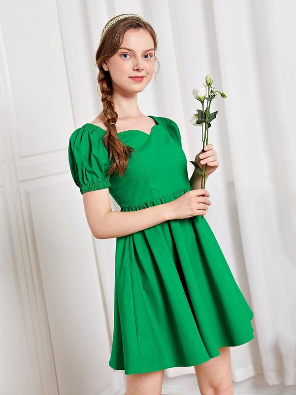 Teen Girls Sweetheart Collar Puff Sleeve Dress SHE