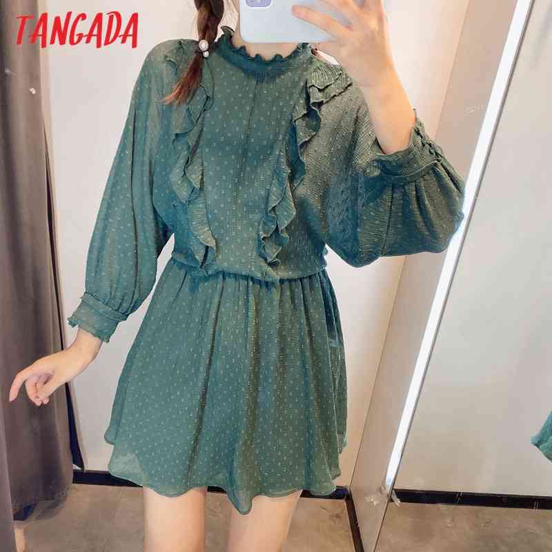 women vintage dots pattern playsuits ruffles elastic waist long sleeve rompers ladies casual chic jumpsuits 2W35 210416