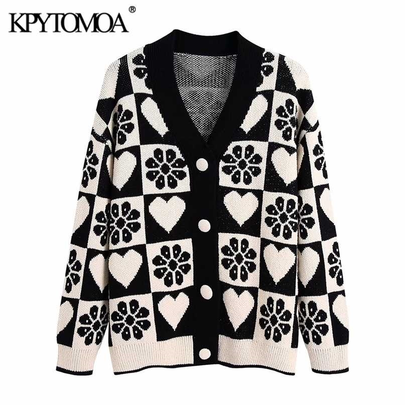 KPYTOMOA Women Fashion Jacquard Loose Knit Cardigan Sweater Vintage Long Sleeve Covered Buttons Female Outerwear Chic Tops 211011Z