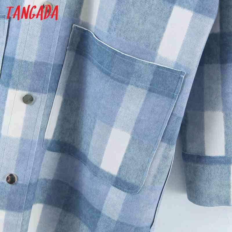 Women Blue Plaid Coats Jacket Loose Long Sleeves Pocket Ladies Elegant Coat QD07 210416