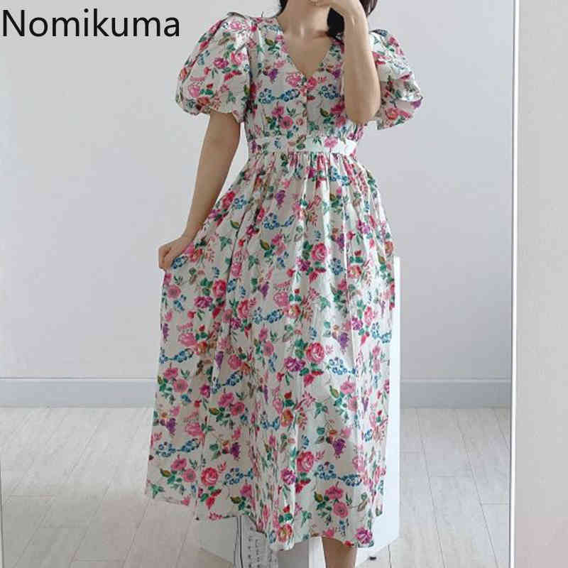 Nomikuma Korean Floral Dresses for Women Elegant Bandage Slim Waist Dress Puff Short Sleeve V-neck A-line Vestidos Femme 6H450 210427