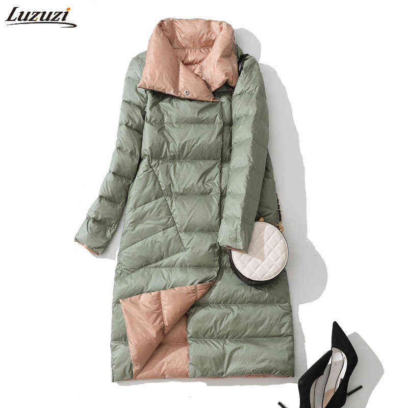 Luzuzi Women Double Sided Down Long Jacket Winter Turtleneck White Duck Down Coat Double Breasted Warm Parkas Female Outerwear 211102
