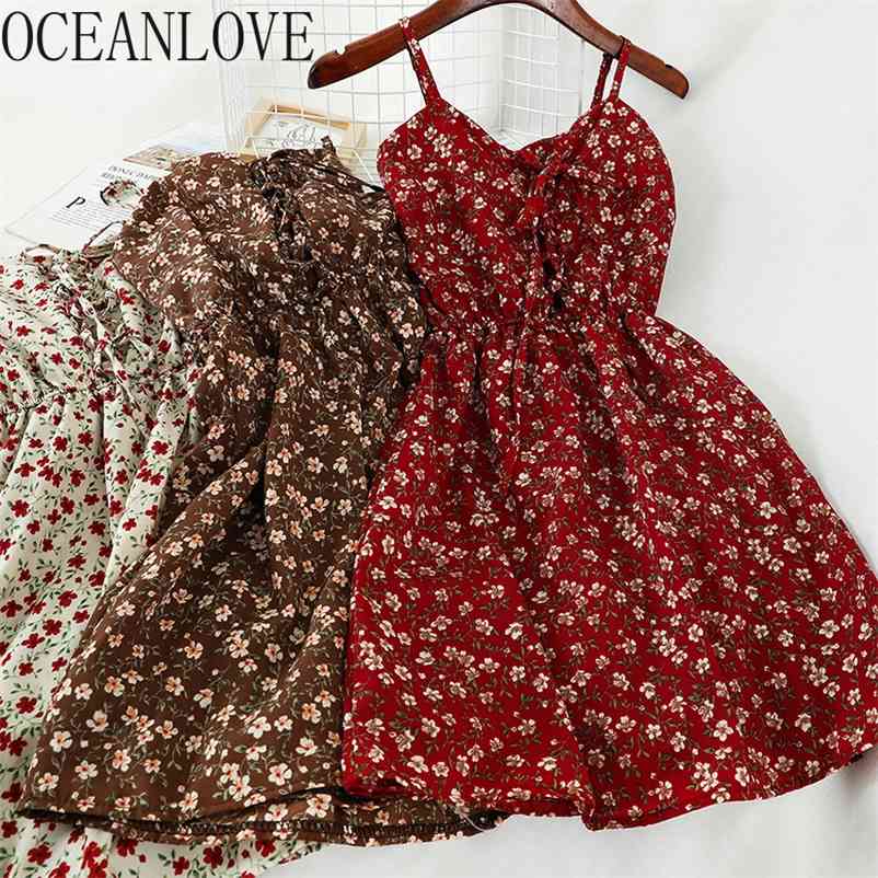OCEANLOVE Bohe Spring Floral Women Dress Sweet Fashion Student Vestidos Summer Sexy Mini Dresses Beach Style V Neck 210331Z