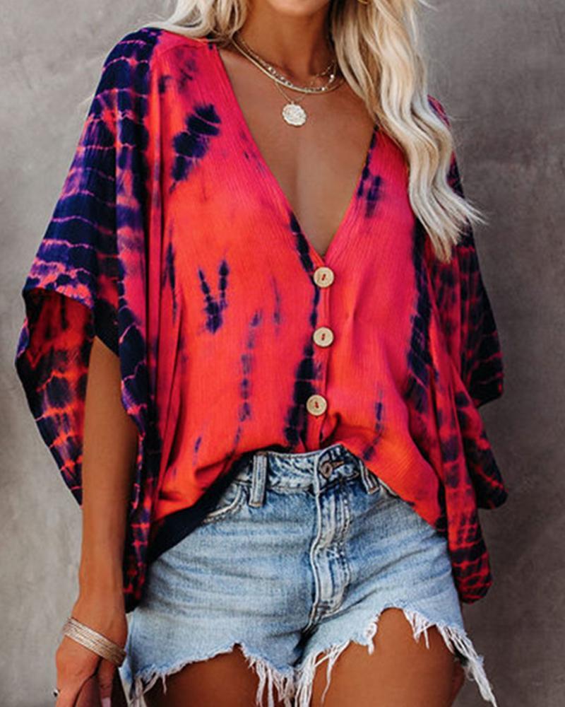 Spring Summer Women's Plus Size Tie-dye Print Blouse New Femme Casual Bat Sleeve Top Ladies V-Neck Button Front Sexy Wear 210415