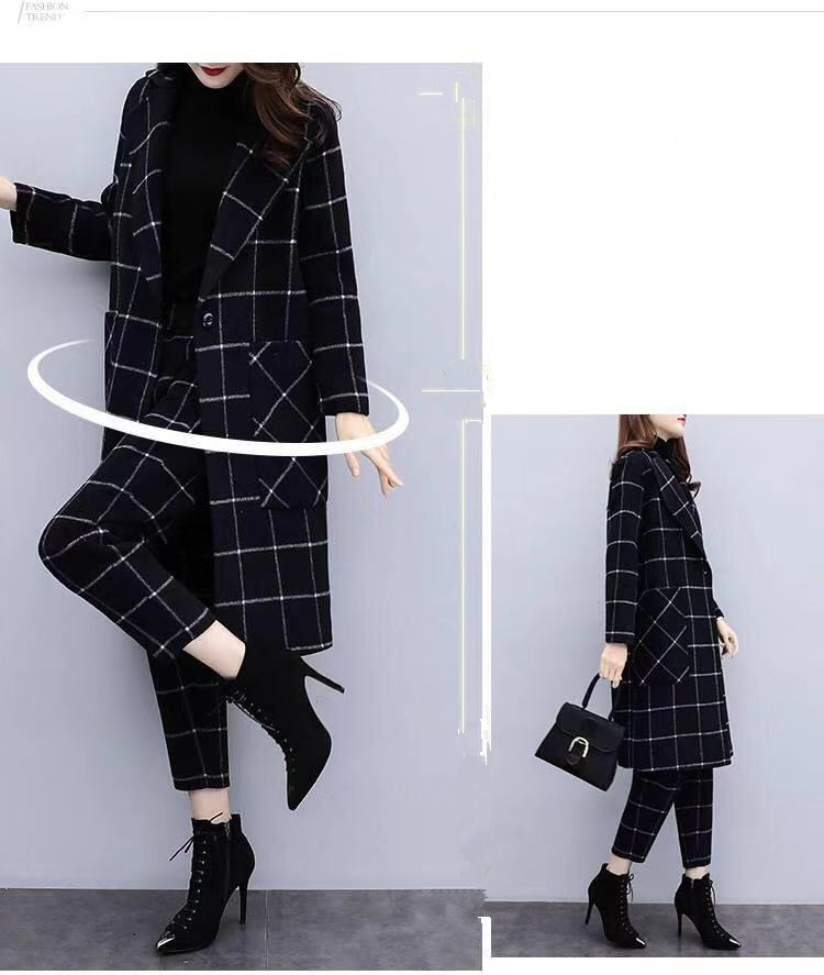 Winter Black Woolen Plaid Two Piece Sets Outfits Women Plus Size Long Coat And Pants Suits Elegant Fashion Office 210514