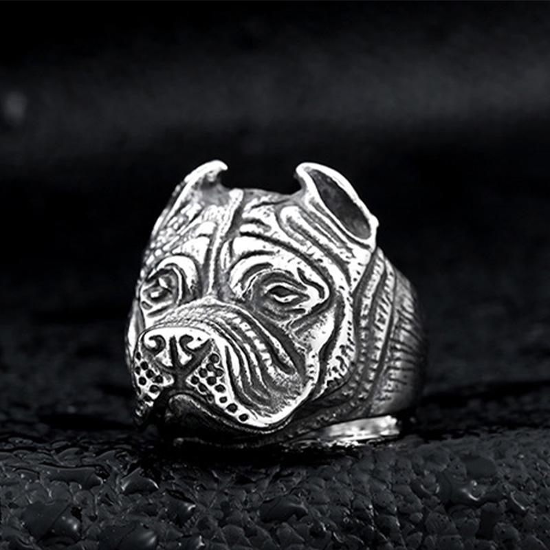 Men's Vintage Stainless Steel Ring Viking Pitbull Bulldog Gothic Pug Dog Head Totem Amulet Punk Animal Jewellery for Men Boys Gift