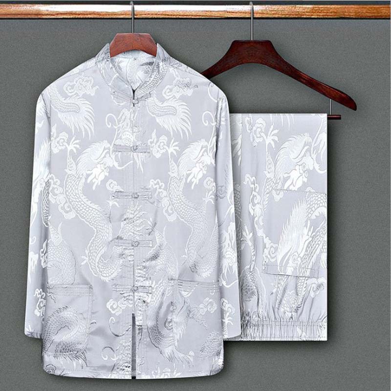 Tang Suit Shirt+Pants Shirt Mens Chinese Style Casual Shirts Men Kung Fu Uniform T-Shirt Mandarin Collar Long Sleeve Dragon 210524