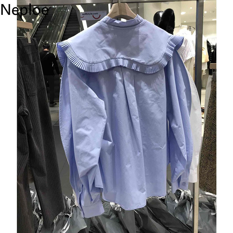 Neploe Chic Women's Blouse Peter Pan Collar Lace Button Shirt Korean Loose Puff Sleeve Ruffles Blusas Solid Single Breasted Tops 210422