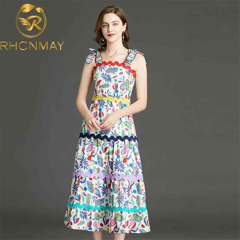 Summer Vintage Colors Print Women Dress Square Collar Spaghetti Strap High Waist Slim A-line Mid Calf Dresses 210506