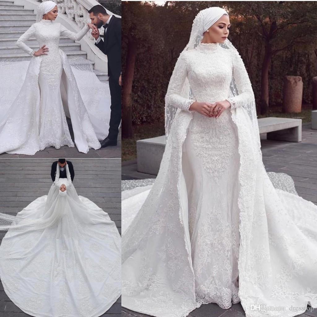 Modest Muslim Mermaid Wedding Dresses with Detachable Train Lace Appliques Overskirt Bridal Gowns Hijab Court Train Vintage Robe
