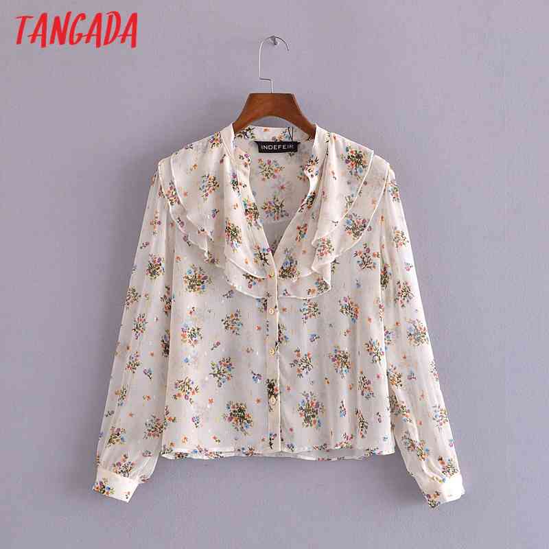 Women Retro Ruffles Print Chiffon Long Sleeve Chic Female Casual Loose Shirt Blusas Femininas 3H193 210416