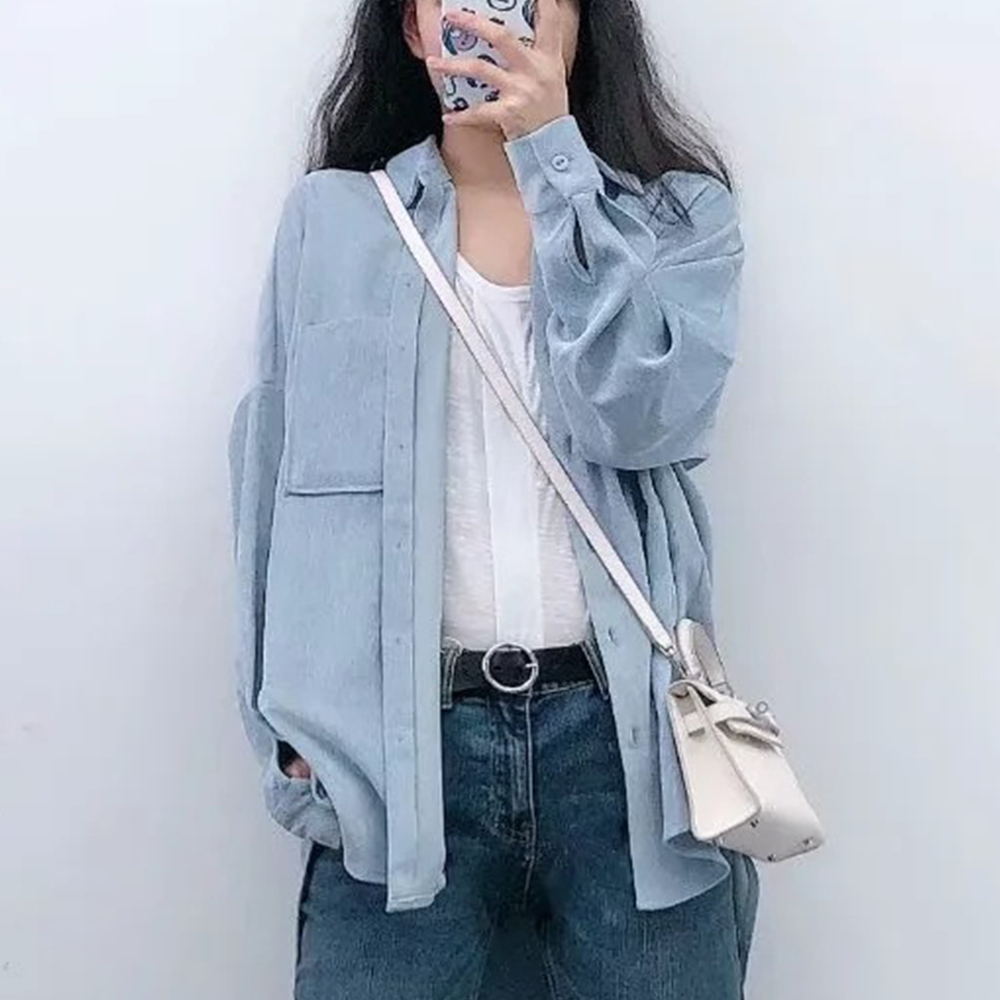 England Style Oversize Corduroy Shirt Women Spring Long Sleeve Pockets Loose Blouse Boyfriend Tops and Blouses 210428