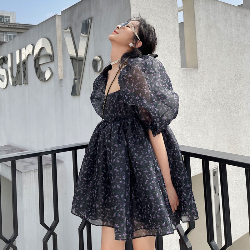 Women Summer Printing Short Dress Square Collar Bubble Sleeve Holiday Dresses Cute Fashion 2H287 210526