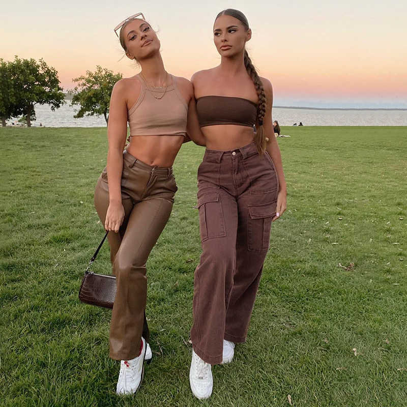 Rockmore Brown Vintage Baggy Jeans Women High Waist Pocket Cargo Pants 90s Streetwear Straight Trousers Harajuku Summer 210922