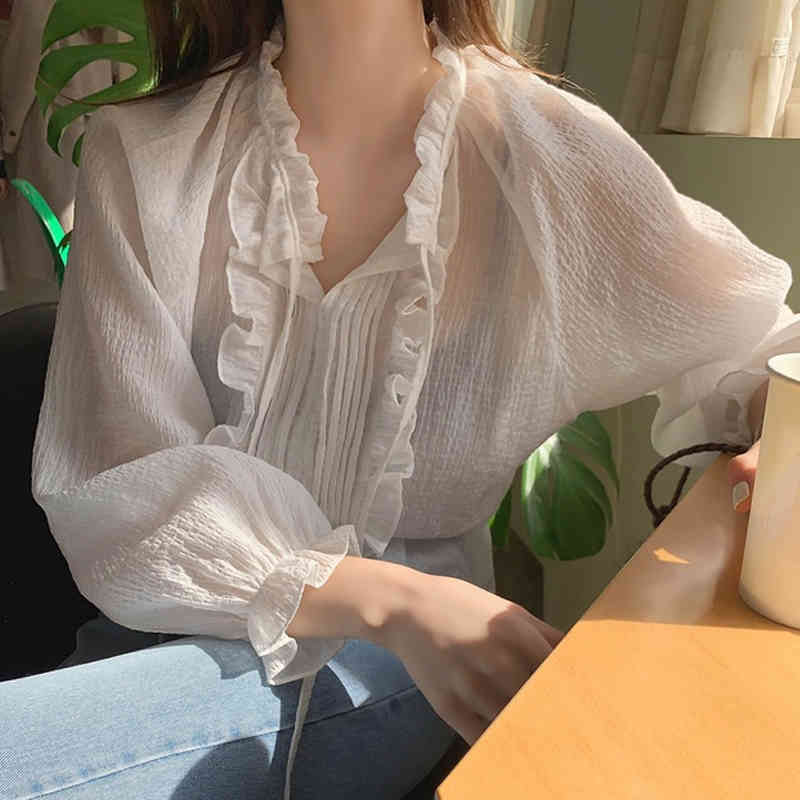 Fashion Lace Up Chiffon Women Blouse Casual Puff Sleeve Shirts Solid Color Ladies Tops Spring Clothing 13611 210508