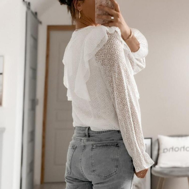 Summer Women White Black Blouse V neck Lace Shirts Long Sleeve Sexy Hollow Out Tops Casual Loose Solid Office Blouses 210515