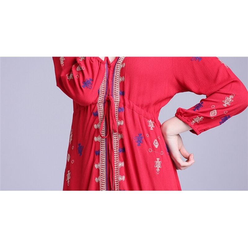 Sexy V-Neck Embroidered Long Sleeve Red Runway Dress Robe Women Winter Style Dresses Vestidos 210520