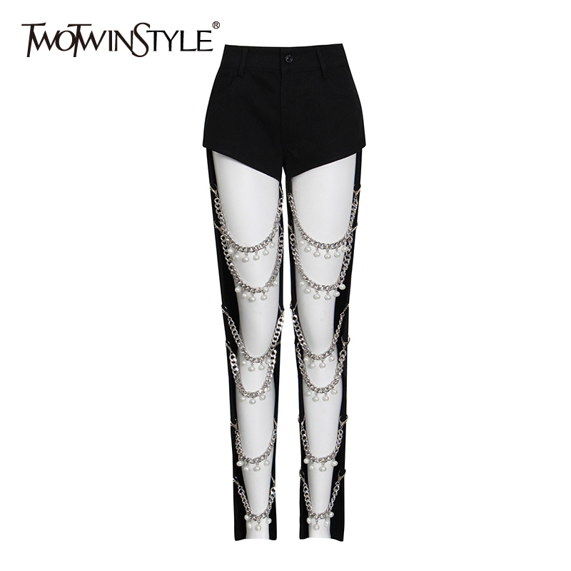Black Patchwork Chain Jeans For Women High Waist Casual Streetwear Pants Female Fashion New Clothing Stylish 210428