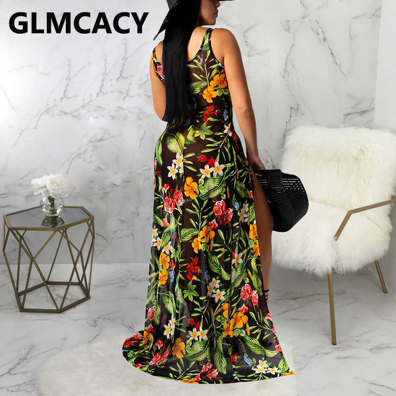 Women Tropical Printed Mesh Dress Sleeveless High Slit Maxi Dress 210702