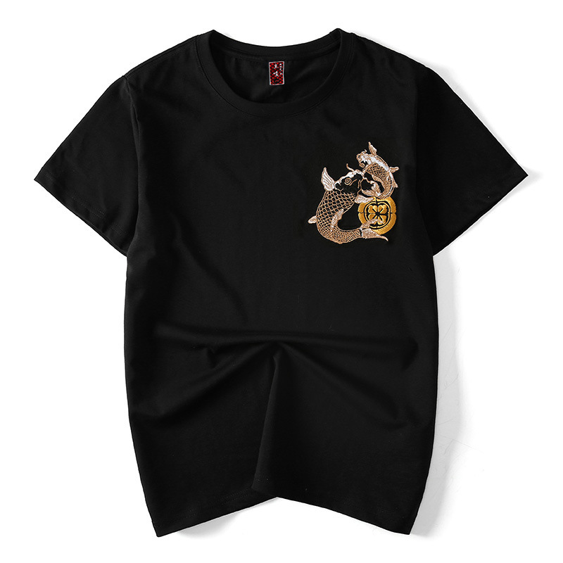 IEFB Summer Men's T-shirt Short Sleeve Round Neck Chinese Style Double Carp Embroidery Pattern Cotton Tee Tops Man 9Y5873 210524