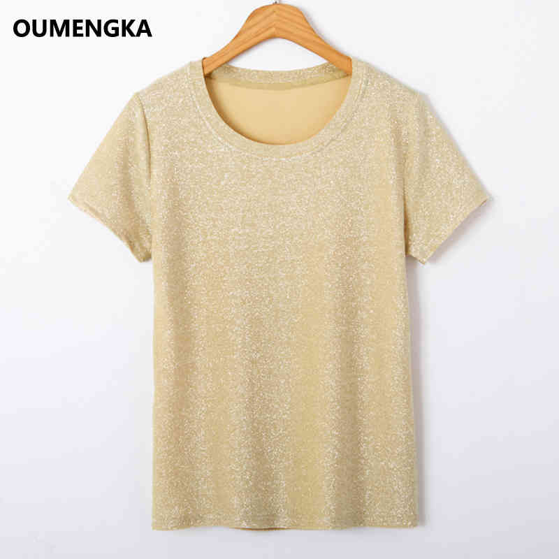 New Summer T Shirt Silver Shiny Lurex Women Casual Solid Short Sleeves Tops O-Neck Female Breathable Elasticity Tee S-3XL 210406