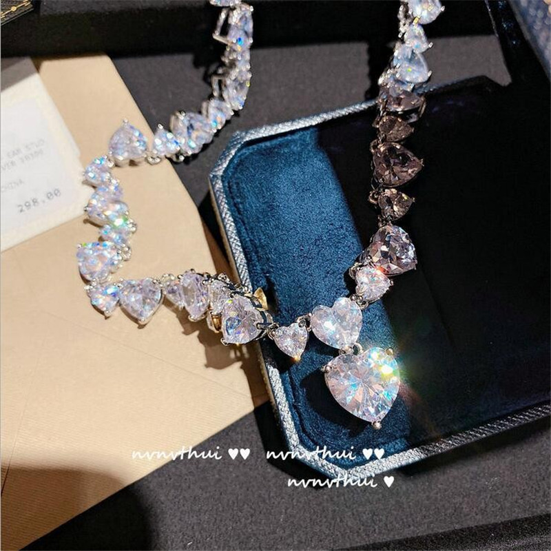 Choucong Brand Sparkling High Quality Jewelry Heart Pendant Sterling Sier Full Pear Cut White Topaz Sweet Cute CZ Dia Women Wedding Necklace Gift