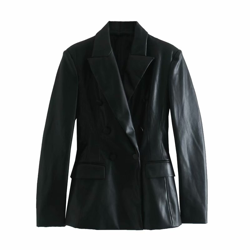 PU Leather Blazer Autumn Fashion Ladies Suit Black Casual Pockets Female Jackets Slim Girls Coat 210430