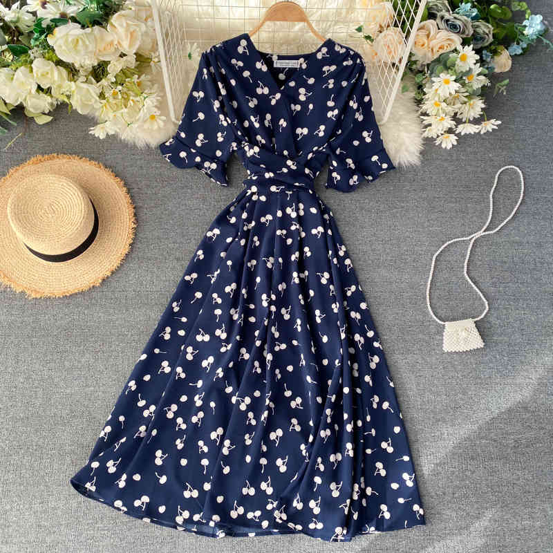 OCEANLOVE Print Elegant A-line Vestidos V Neck High Waist Fashion Korean Vintage Dresses Short Sleeve Summer Dress Women 14558 210409