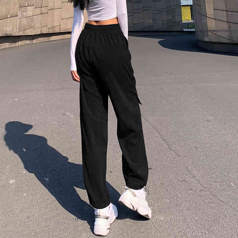Corduroy Trousers Women's Spring Fashion High Waist Drawstring Large Pocket Casual Straight Pants Female 210427