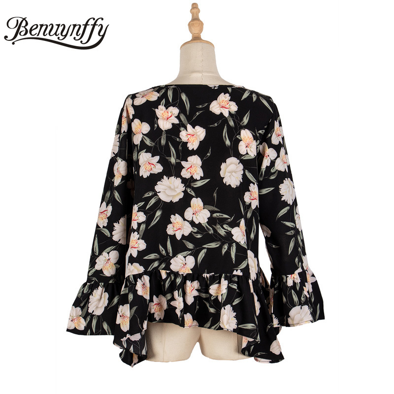 Round Neck Ruffle Hem Women Tops and Blouses Casual Holiday Floral Print Top Spring Flared Sleeve Loose Blouse 210510