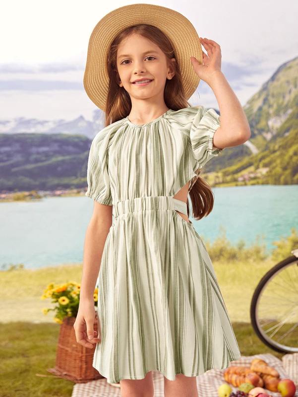 Girls Striped Cut Out Waist Tie Back Dress SHE