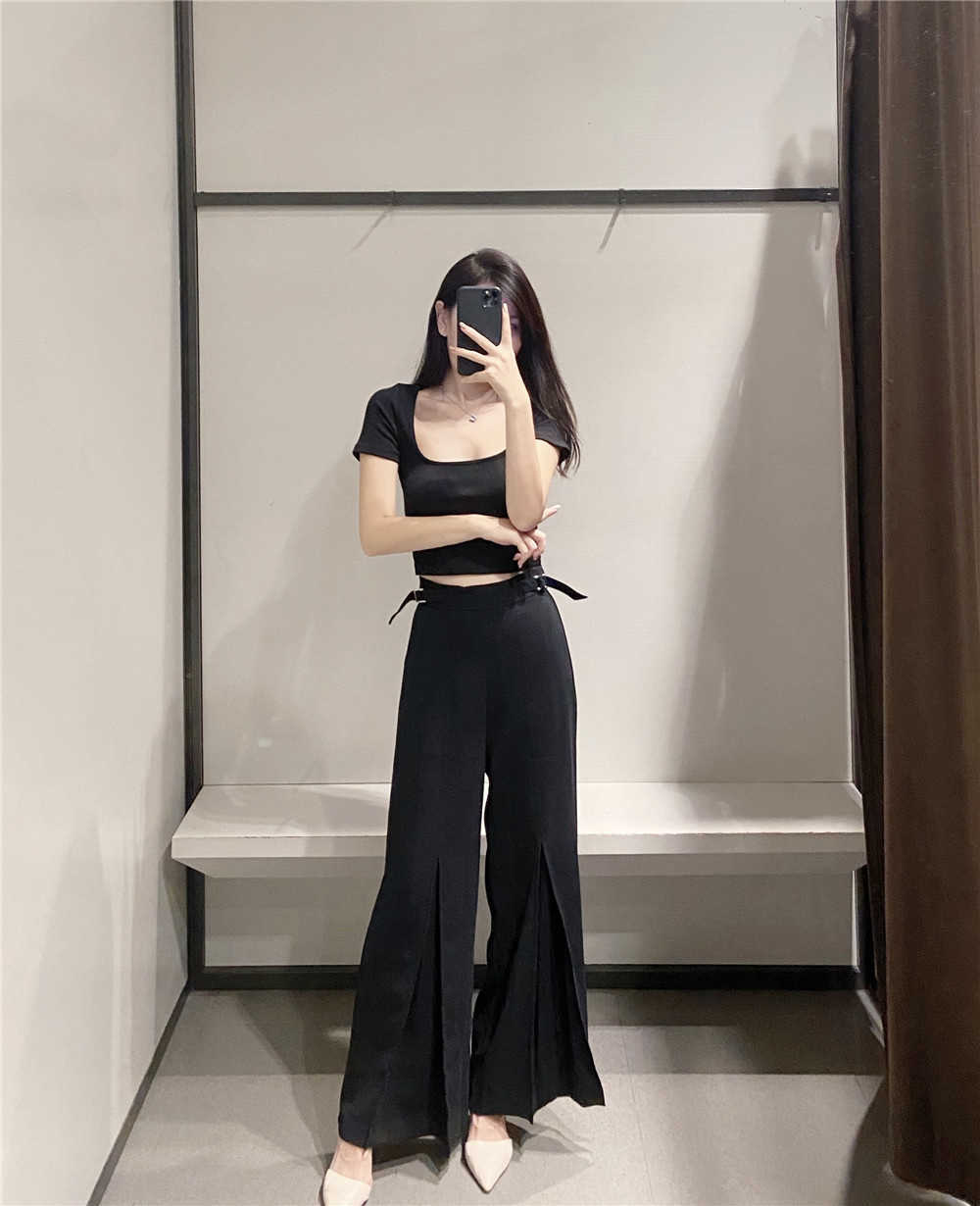 ZEVITY Women buckle decoration black split wide leg pants femme back zipper casual slim Trousers office wear chic pants P915 210603
