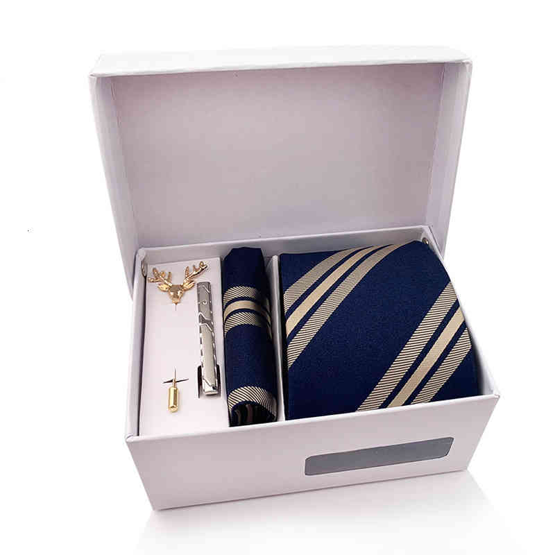 Necktie Scarf Corbata 2021 Men's Striped Tie Gift Box 6-piece Pocket Collar Clip Cuffs