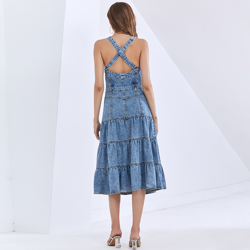 Cross Denim Sling Dress For Women Square Collar Sleeveless High Waist Midi Dresses Female Fashion Clothing 210520