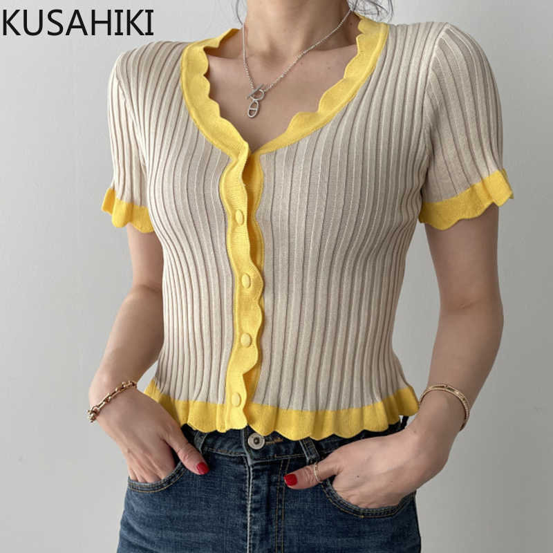 KUSAHIKI Chic Hit Color Patchwork Cardigan Summer Short Sleeve V-neck Knitwear Coat Sexy Slim V-neck Knitted Tops 6H792 210602, Yellow 
KUSAHIKI Chic Hit Color Patchwork Cardigan Summer Short Sleeve V-neck Knitwear Coat Sexy Slim V-neck Knitted Tops 6H792 210602, Yellow