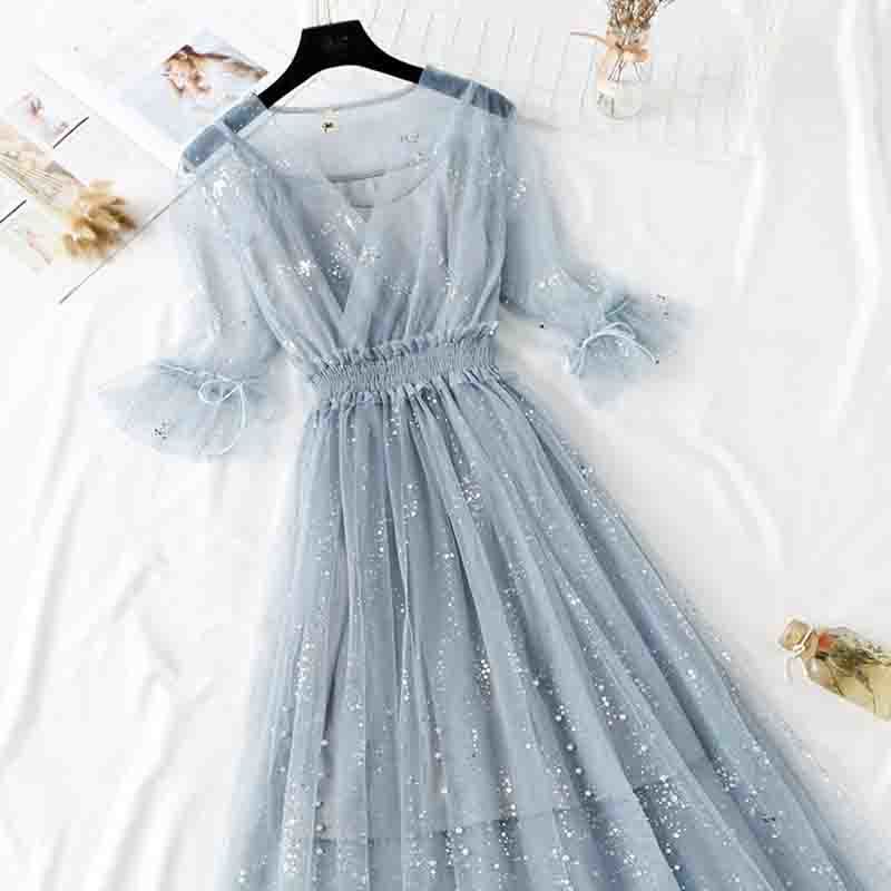 Two Piece Women Dress Summer Sweet Short Sleeve V-neck Mesh Dresses Elastic Waist Ladies Long Party Dress Vestidos 210521