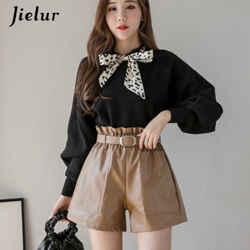 Jielur PU Autumn Winter Women Shorts Slim High Waist Solid Color Shorts Womens Chic Korean Belt Leather Short Trousers S-XL 210611