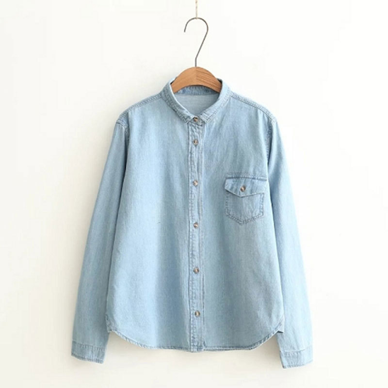 Spring Autumn Women Long Sleeve Turn-down Collar Shirt Plus Size Cotton Denim Casual Blue Blouse Female Tops High Quality D94 210512