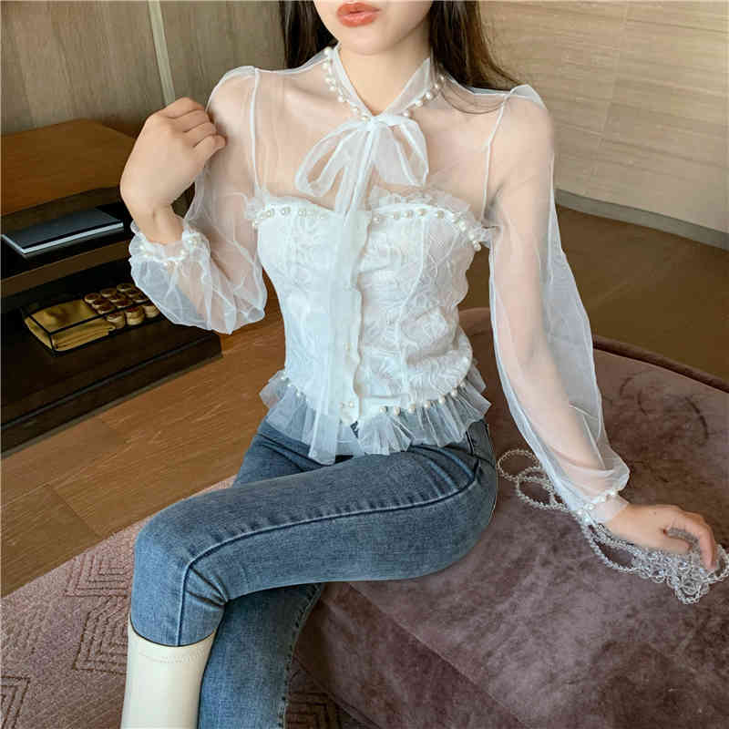 Summer Vintage Beading Mesh Patchwork Lace Long Sleeve Shirt Blouse Elegant Sweet Bow Tie Ruffles Top 210518