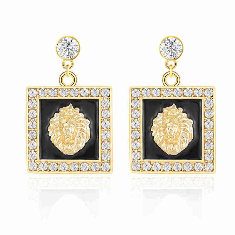 Hip Hop Gold Lion Head Stud Earring Punk Trendy Crystal Colored Enamel Fashion Basketball Wives Cocktail Costume Jewelry 220209