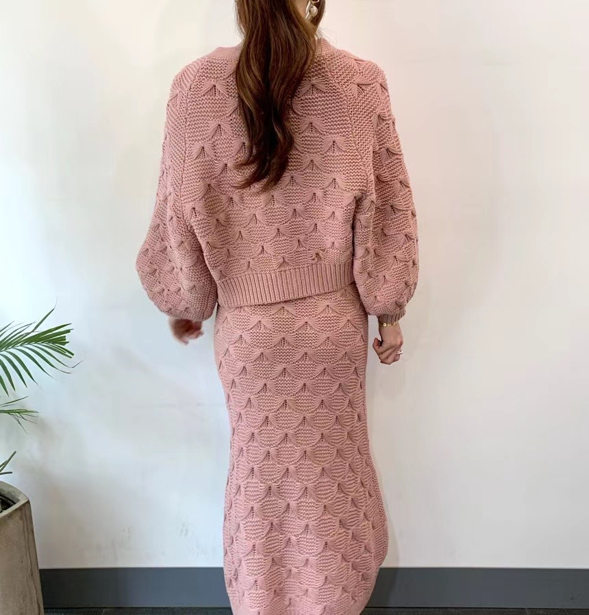 2 Piece Set Korea Women Jacquard Knitted Single-Breasted Lantern Sleeve Short Sweater Coat + Sexy Spaghetti Strap Dress Suit 210519