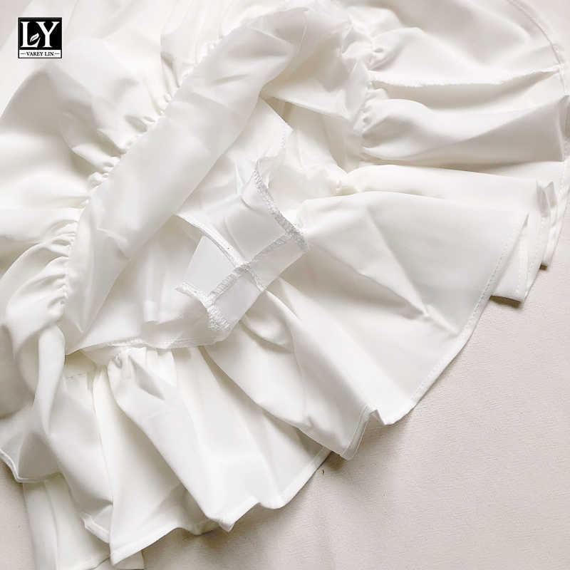 LY VAREY LIN Summer Women Casual Irregular A-line White Mini Skirts Sweet High Waist Solid Color Black Folds Fishtail 210526