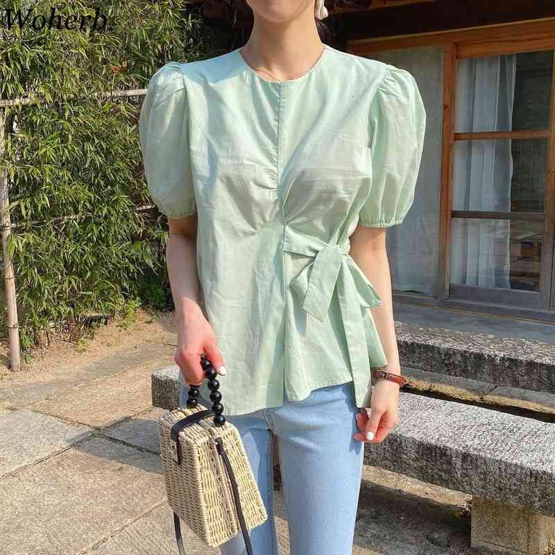 Korean Chic Green Blouse Women Solid Blusas Puff Sleeve Bandage Femme Gentle Shirts Office Summer Casual 210519