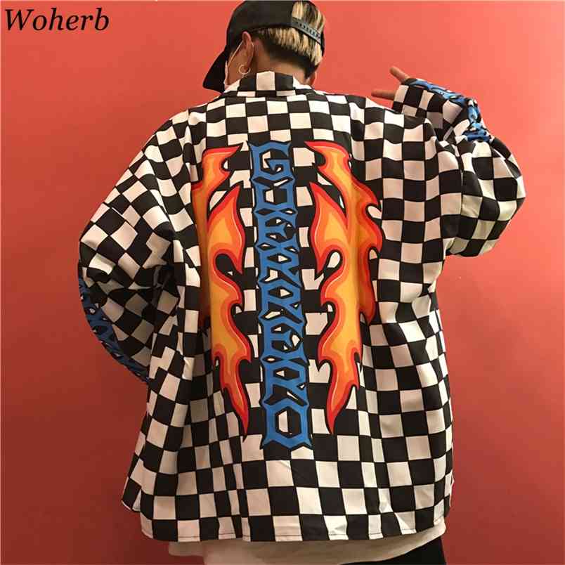 Spring Summer Women Man Tops Harajuku Blouse Flame Checkerboard Plaid Print Blouses Shirts Streetwear Japanese Style 210519